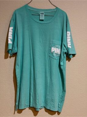 PINK Victoria’s Secret Aqua Logo Pocket T-Shirt Women’s Large Oversized Tee